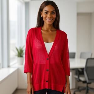 Chico's Cardigan Size 3 (XL) Raspberry Sorbet Semi-Sheer Button Up 3/4 Sleeve